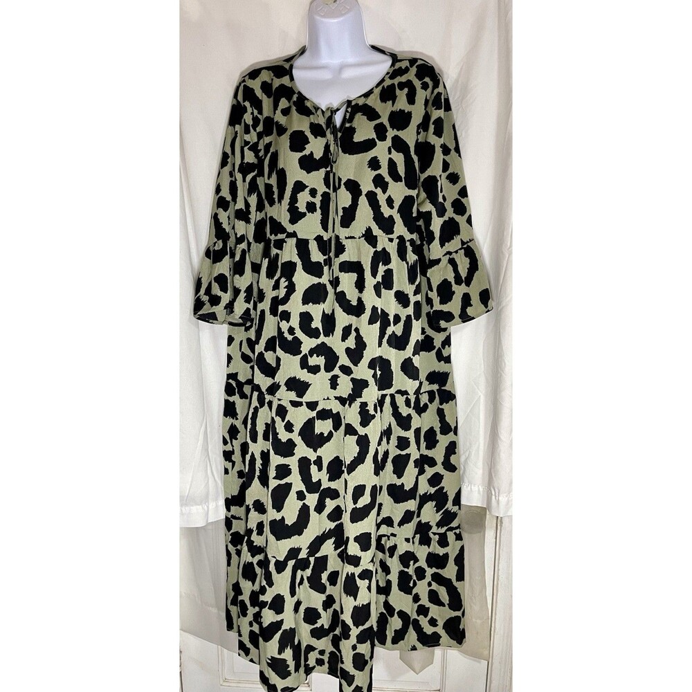 VIISHOW Sage Green Leopard Print Tiered Midi Dress XL Boho Bell Sleeve V-Neck